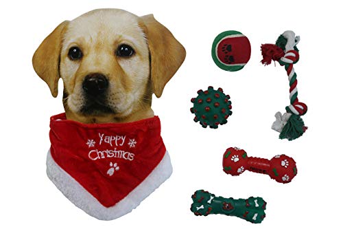 Juguetes de Navidad para perros chirriantes. 5 juguetes suaves para masticar + 1 bufanda de Navidad para perros pequeños y medianos. Paquete de 6