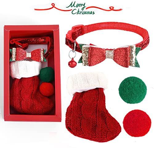 Jupsk 4 piezas de juguetes navideños para gatos, collar navideño para gatos con campana de pajarita, calcetines navideños para gatitos, bolas, campana, accesorios navideños para gatos y juguetes