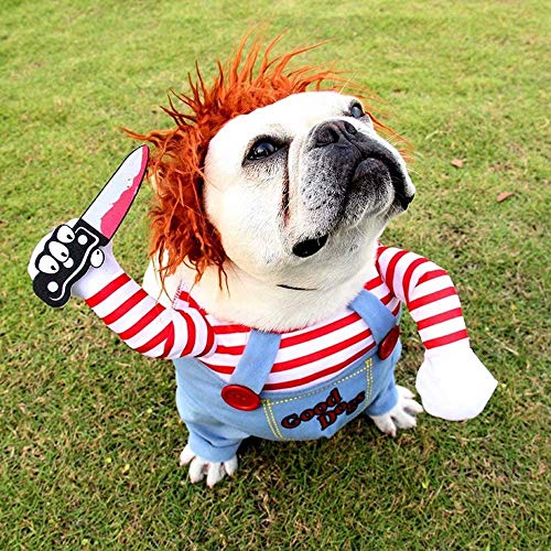 JUZIPS Ropa de perro de muñeca mortal, disfraz de mascotas aterradoras para Halloween Cosplay muñeca Chucky, con un sombrero peludo, ropa divertida para fiestas de Halloween y Navidad.