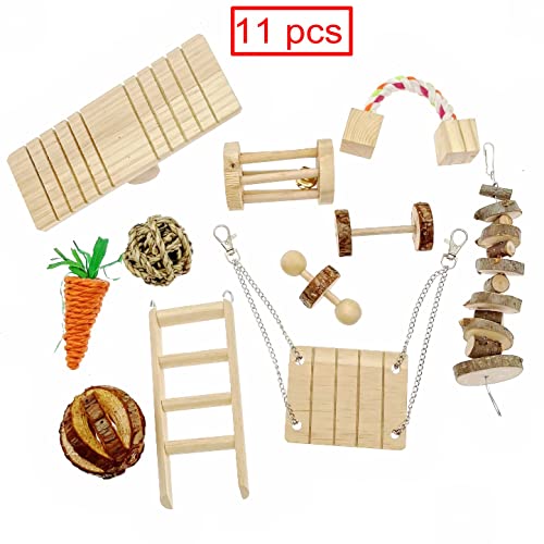 JZK Juego 11 juguetes madera para hámster, juguetes para masticar para hámster/gerbil/conejillo indias, juguetes de rata dumbo y accesorios de jaula, incluyendo bola columpio juguetes colgantes