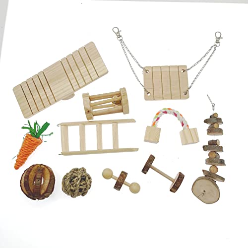 JZK Juego 11 juguetes madera para hámster, juguetes para masticar para hámster/gerbil/conejillo indias, juguetes de rata dumbo y accesorios de jaula, incluyendo bola columpio juguetes colgantes