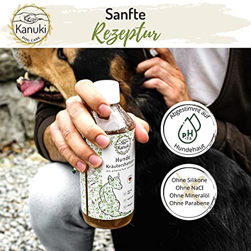 Kanuki Champú nutritivo para perros con extractos naturales de hierbas, 500 ml, con aceite esencial de lavanda, pH 7,5, limpieza suave para todo tipo de pelos, sin siliconas, parabenos ni perfume.