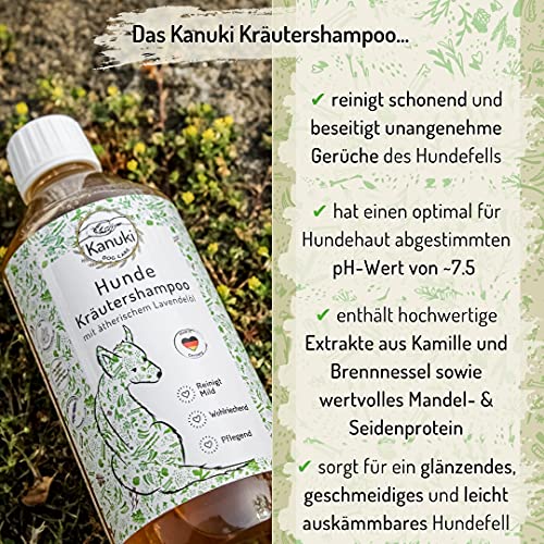 Kanuki Champú nutritivo para perros con extractos naturales de hierbas, 500 ml, con aceite esencial de lavanda, pH 7,5, limpieza suave para todo tipo de pelos, sin siliconas, parabenos ni perfume.