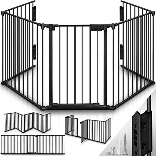 KIDUKU® Barrera de Seguridad 305 cm para Niños y Mascotas | Reja de Protección de Metal - Premontado | Rejilla Protectora Metálica Plegable con Puerta | 5 Paneles