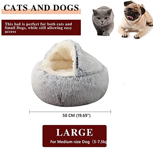 Kongming Cama para mascotas – Redonda, suave felpa, cueva, capucha, cama para gatos, donut para perros y gatos, peluche de piel sintética, redonda, cómoda, gris (50 cm x 50 cm)