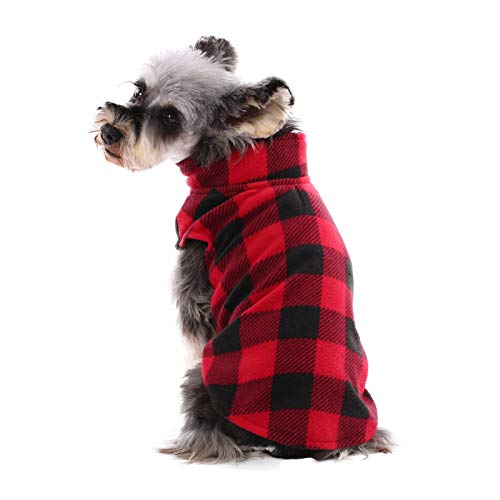 Kuoser Abrigo clásico de forro polar a cuadros para perros, cálido chaleco para mascotas, chaqueta con orificio para el arnés para perros y gatos pequeños y medianos, jersey para cachorros