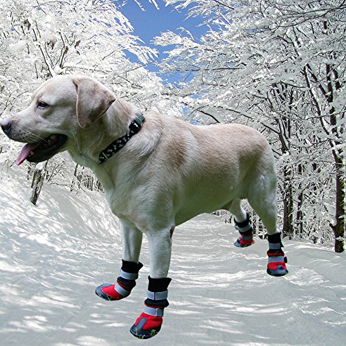 L-Peach 4PCS 4 Pcs Botas de Perro Zapatos Protectores de patas Antideslizantes Impermeables Ligeros con Cinta Reflectante de Velcro para Lluvia Nieve Anti Frío y Calor Rojo XL