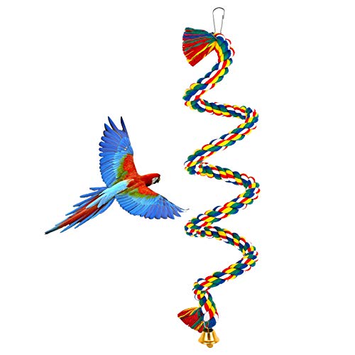 Ledoo Percas de Cuerda para pájaros Juguete de Pájaro Bungee Cuerda Perca de Cuerda en Espiral para Pájaros Percha en Espiral Columpio de Algodón Colorido con Campana (100 cm)