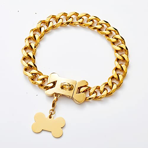 Leyeet Collar de perro dorado de 19 mm con eslabones cubanos para perros pequeños, medianos y grandes