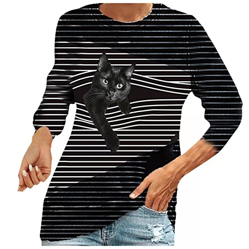 Lindo gato cuello redondo manga larga casual empalme rayas camisetas sueltas entrenamiento verano Tops camisetas, Cat-3ca01, Small