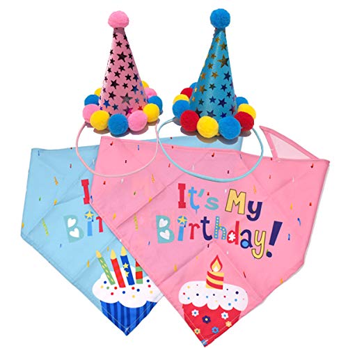 Liwein Sombrero de Cumpleaños Perros, Pañuelo de Cumpleaños Sombrero de Fiesta Mascotas Bufanda de Pañuelo Triangular del Feliz Cumpleaños para Perro Fiesta Decoración de Cumpleaños(Azul Rosa)