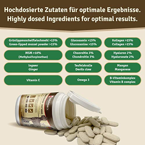Los comprimidos condroprotector perros para articulaciones Veddelholzer con MSM, harpagófito glucosamina colágeno para fortalecer los huesos, fabricadas en Alemania, 125 cápsulas con hialurón y Omega3