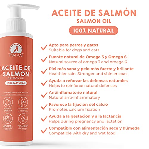 MAIKAI Aceite de salmón Perros y Gatos (1L) - 100% Natural. Ácidos grasos Omega 3 y 6 - Antiinflamatorio para Perros Natural - Salud de los Huesos, Piel y Pelo - Dieta Barf - Vitaminas para Perros