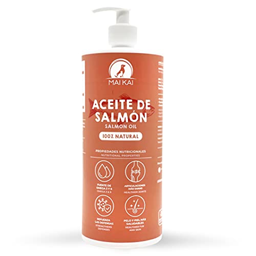 MAIKAI Aceite de salmón Perros y Gatos (1L) - 100% Natural. Ácidos grasos Omega 3 y 6 - Antiinflamatorio para Perros Natural - Salud de los Huesos, Piel y Pelo - Dieta Barf - Vitaminas para Perros