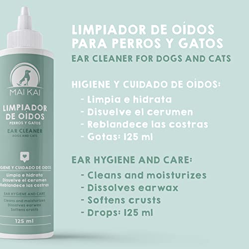 MAIKAI - Limpiador Oidos Perros y Gatos - Limpiador ótico Orejas Perros - Otitis Perro - Limpiador Orejas Perros Natural, 125 ml. Solución oídos sanos y limpios.