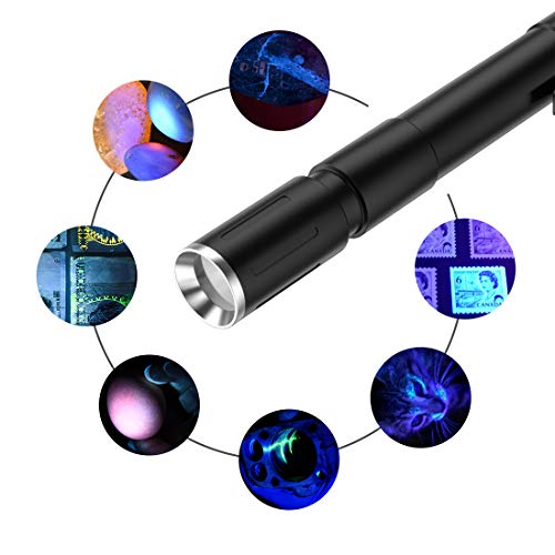 Majome Linterna UV 365 NM, luz UV LED Negra, Mini luz de endurecimiento, Zoom telescópico para detectar Manchas de orina de Mascotas, Piedras y Cristales minerales, batería incluida