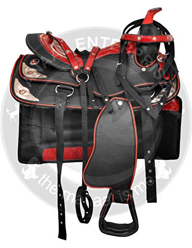 Manaal Enterprises Asiento sintético occidental para silla de montar de caballo, carreras de barriles, pata de cabeza a juego, cuello de pecho, riendas y almohadilla de sillín tamaño de 43 cm