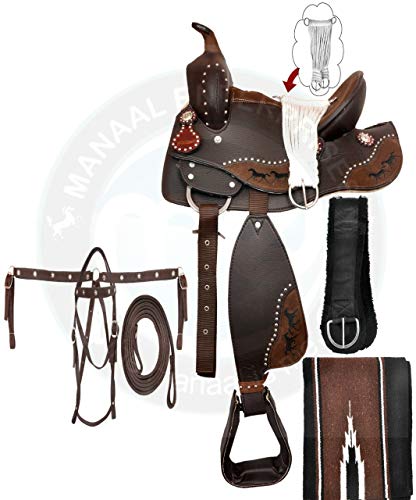 Manaal Enterprises Silla de montar de caballo ecuestre sintética hecha a mano de calidad clásica, para montar a juego, cabeza de pecho, riendas y cojín de sillín tamaño 40,6 cm
