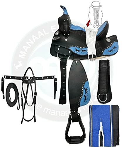 Manaal Enterprises Sillín de caballo sintético occidental para adultos, carreras, obtener una cabeza a juego, cuello de pecho, tamaño de riendas: 15 pulgadas