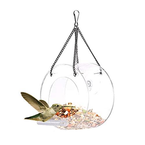 Maoiut Comedero para pájaros con ventana transparente para exteriores, redondo, acrílico, para colgar pájaros, con ventosas y cadena de hierro para pájaros pequeños