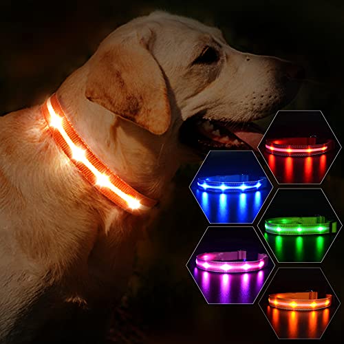 MASBRILL Collar de Perro Luz LED, 3 Modos Collar Perro Luminoso con Recargable y Impermeable, Collar de Perro de Destello Ajustable para Perros Pequeños/Medianos/Grandes(Naranja XS)