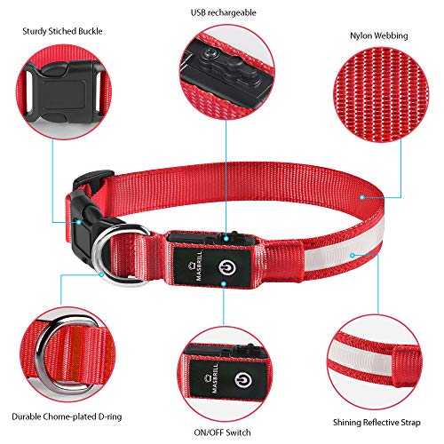MASBRILL Collar Luminoso Perro de Mascota, 3 Modos Collar Perro Luz con Recargable y Impermeable, Ajustable Collares LED para Perros Pequeños/Medianos/Grandes(Rojo S)