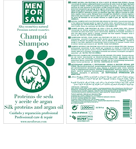 MENFORSAN Champú Perros con Proteínas de Seda y Aceite de Argán 1L, Revitaliza el Pelaje de la Mascota