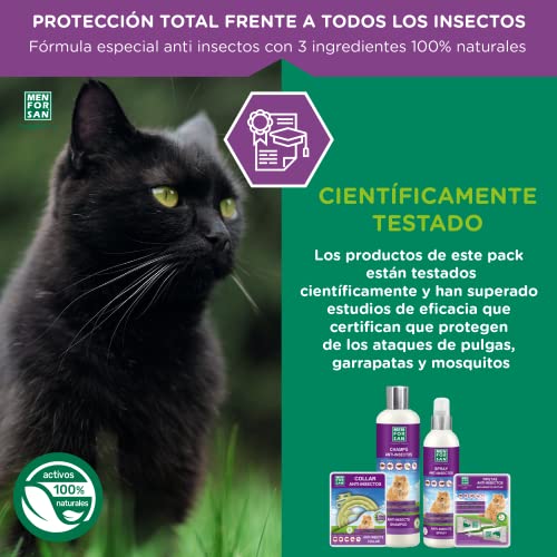 MENFORSAN Pack de 4 Productos antiparasitarios para Gatos, Contiene Cuatro Productos repelentes: Collar, Champú, Spray y Dos Unidades de pipetas Anti Insectos, Combate Cualquier Insecto