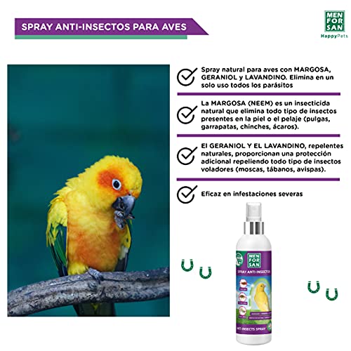 MENFORSAN Spray Anti-Insectos con Margosa, Geraniol y Lavandino para Aves, Protege a tu pájaro de Cualquier Insecto, 250ml