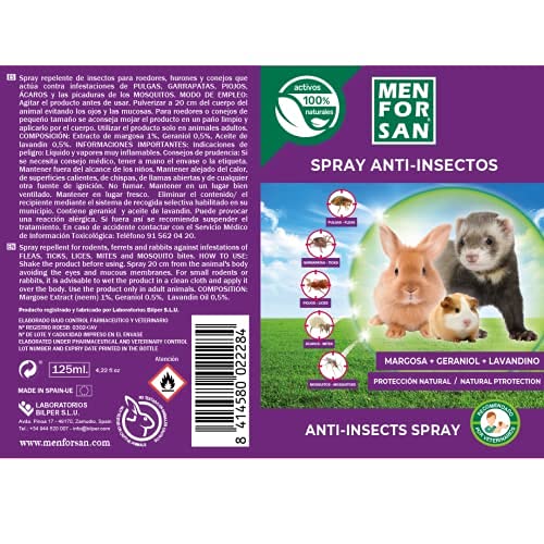 MENFORSAN Spray Anti-Insectos de Uso Directo para roedores, Conejos y Hurones 125ml, con Ingredientes insecticidas Naturales, Margosa, Gerniol y Lavandino