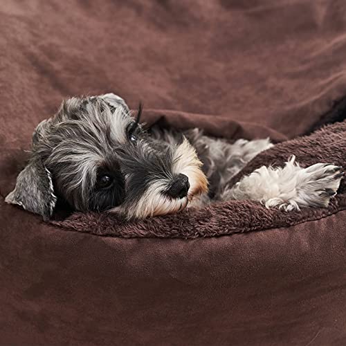 MICOOYO Cama acogedora para perro, cama ortopédica de madriguera para perros con manta adjunta, estilo puf con capucha para mascotas y gatos, tamaño mediano, chocolate