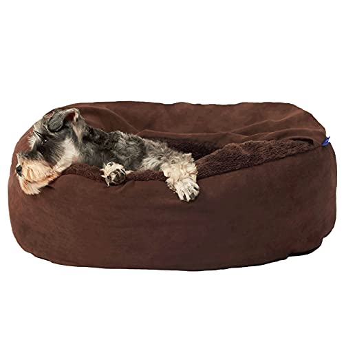 MICOOYO Cama acogedora para perro, cama ortopédica de madriguera para perros con manta adjunta, estilo puf con capucha para mascotas y gatos, tamaño mediano, chocolate