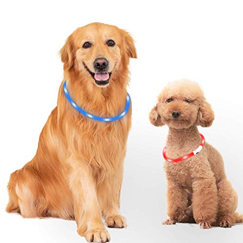 Mitening 2 Pcs Collar Luminoso Perro, USB Recargable Collar Perro Seguro para Mascotas, 3 Modos de LED Perro Collar Brillantes y Longitud Ajustable para Perros, 70CM (Azul y Rojo)