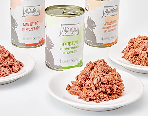 MjAMjAM - Comida húmeda premium para gatos - Paquete de mezcla - Pollo, carne de res, corazones, paquete de 6 (6 x 400 g), sin grano con carne extra