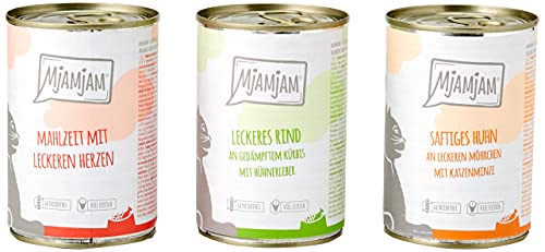 MjAMjAM - Comida húmeda premium para gatos - Paquete de mezcla - Pollo, carne de res, corazones, paquete de 6 (6 x 400 g), sin grano con carne extra