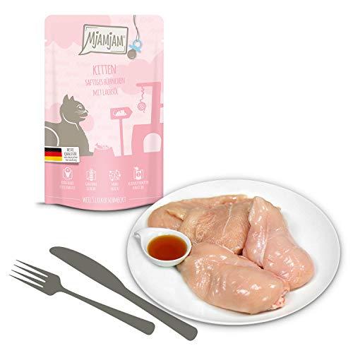 MjAMjAM - Pienso acuoso para gatitos - Comida para gatitos de pollo jugoso refinado con aceite de salmón - Sin cereales - Pouch 12 x 125 g