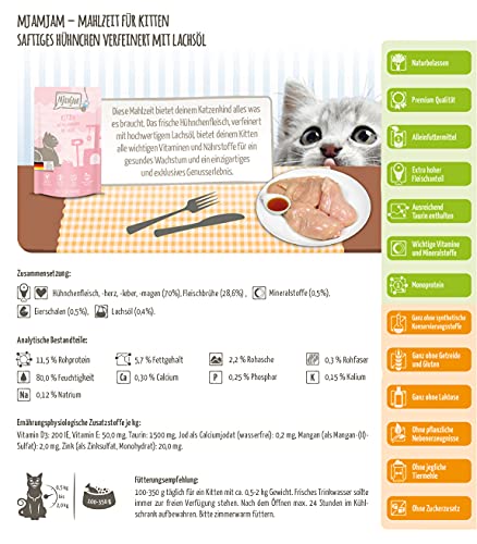MjAMjAM - Pienso acuoso para gatitos - Comida para gatitos de pollo jugoso refinado con aceite de salmón - Sin cereales - Pouch 12 x 125 g