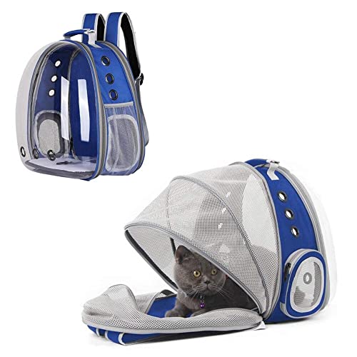Mochila de gato perro – Bolsa de transporte para perro gato pequeño bolsa de burbujas para gatos perros con ventana frontal transparente y espalda extensible, ideal para viajes (azul)