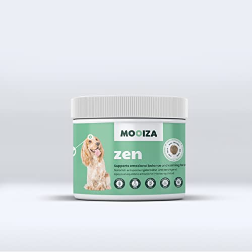 MOOIZA ® Zen - suplemento para Perros, Relajante, Calma, Tranquilidad, Ideal para Viajes y situaciones de estrés para el Perro. con Valeriana, Hierba de San Juan, L-Triptófano.