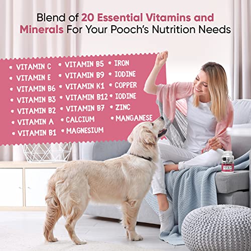 Multivitamínico para Perros 365 Comprimidos | 23 Vitaminas y Minerales para Perros, Suplemento con Vitamina C, B12 Calcio con Vitamina D, Magnesio y Potasio para la Salud, Inmunidad y Más