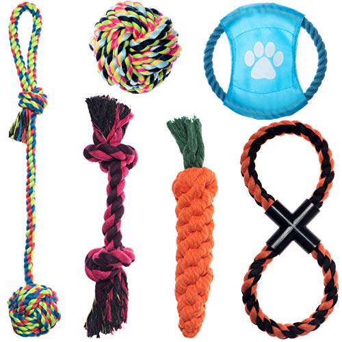 MY LIKE Juguetes de cuerda para mascotas, juguetes para masticar perros, entrenamiento de dentición interactivo, juego de 6 unidades, para perros medianos o pequeños Kong