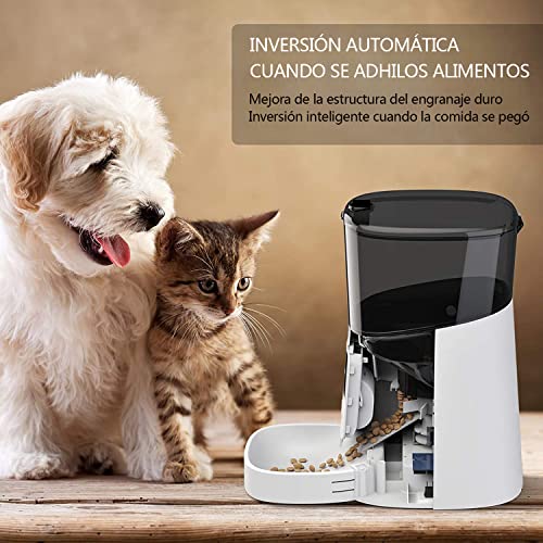 MYPIN 6L Dispensador de Comida para Gatos Automático, Alimentador Automático Mascotas con Grabación de Voz,Control de Las Porciones,hasta 6 Comidas por Día y Control Remoto de Aplicación WiFi (Blanco)