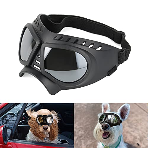 Namsan Gafas de sol para perros con protección UV, gafas de protección UV, resistentes al viento, correas flexibles ajustables para perros pequeños, marco suave (lente plateada)