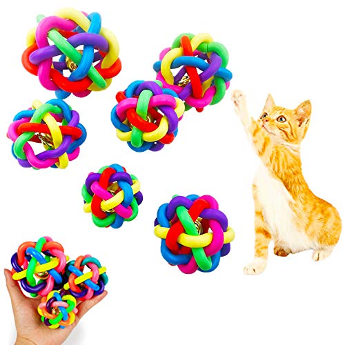 NANAOUS 6 bolas de goma con campana, bola de goma tejida de 5,5 cm, 6,5 cm, 6,5 cm, 7 cm, 8,5 cm, 9,5 cm, bola de interactiva para perro/gato