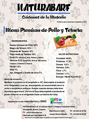 NATURABARF | Menú Premium de Pollo y Ternera para Perros pequeños, medianos y Grandes (20 kg)