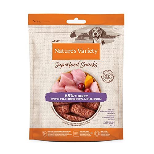 Natures variety Superfood - Snacks para Perros Adultos con Pavo, arándanos Rojos y Calabaza 85g x 8