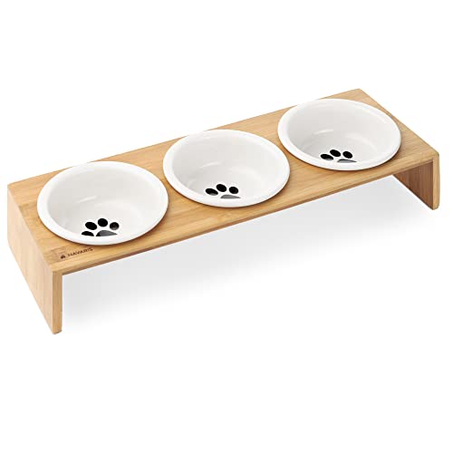 Navaris Set de 3X Comedero para Mascotas - 3X Bol Elevado para Perros Gatos - Comederos de cerámica - Boles con Soporte Antideslizante de bambú