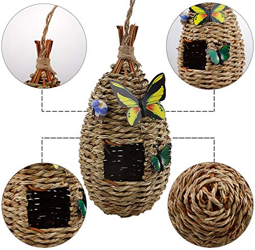 æ— Nido de paja, 2 piezas de pajita natural tejida para pájaros, jaula de cría con mariposas falsas y pájaros para pinzón canario y loro pequeño