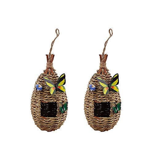 æ— Nido de paja, 2 piezas de pajita natural tejida para pájaros, jaula de cría con mariposas falsas y pájaros para pinzón canario y loro pequeño