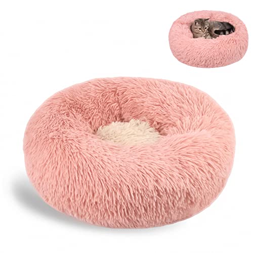Nyescasa Cama para gatos redonda, con forma de donut para perros, cojín de peluche suave, cálida, impermeable, antideslizante, lavable, medianos y grandes (M 50 cm de diámetro, rosa)